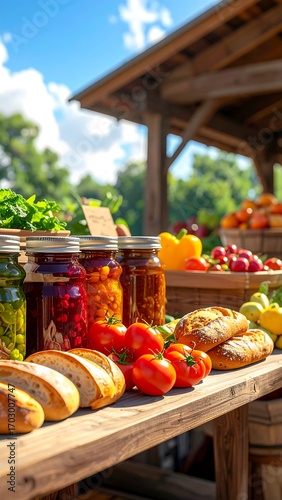 Fresh produce and preserves at a rustic market stall