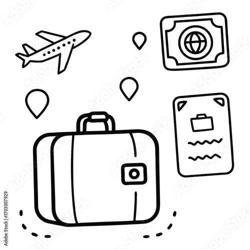 Doodle style travel icons for app screens featuring air transportation and global journeys