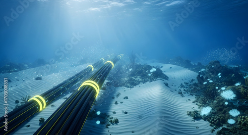 Fototapeta Naklejka Na Ścianę i Meble -  Digital Futuristic Cable Underwater Data Stream Communication Network Technology
