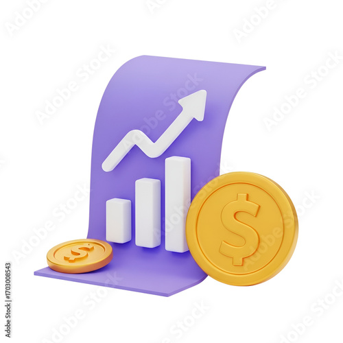 3d chart with growing arrow and golden coins finance and business growth concept  - 3d render illustration