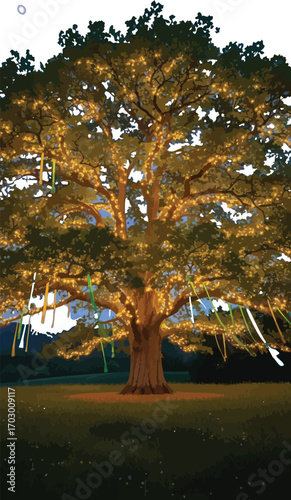 Vector art of big tree with christmas lights at night and moon in the sky
