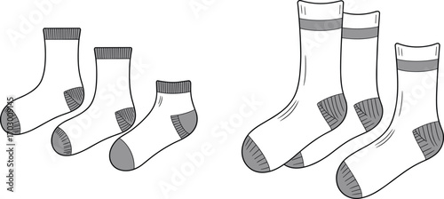 Ankle socks and crew socks with gray heel and toe, white cotton fabric, isolated on white background, footwear, apparel, clothing illustration