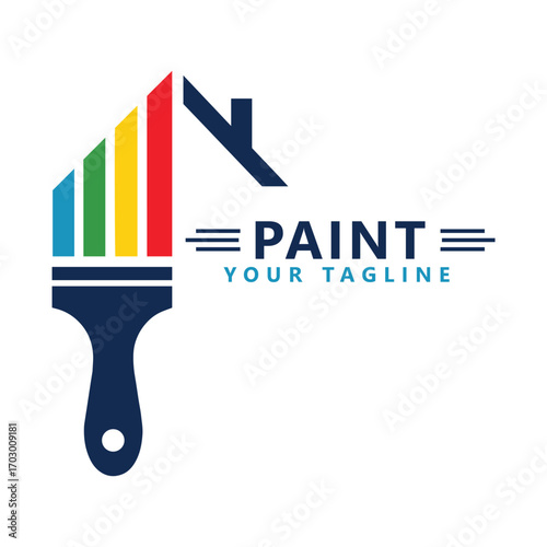 Creative house painting logo with multicolor brush and roof icon for home renovation branding