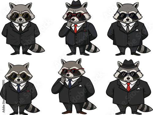 Cartoon raccoons wearing suits and sunglasses, stylish animal characters in mafia outfit, funny fashion raccoon vector, cool gangster illustration