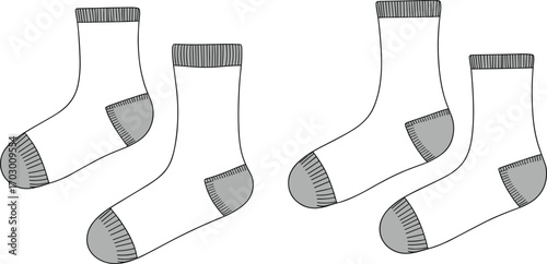 White cotton socks with gray toe, heel, and cuff, clean minimalist design, isolated on white background, apparel, clothing, footwear illustration