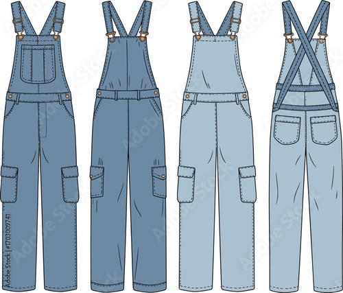 Denim overalls flat sketch, unisex dungarees fashion template, technical drawing clothing design, casual workwear jumpsuit illustration, vector apparel outfit