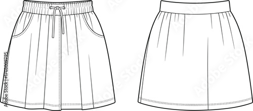 Women’s casual skirt flat sketch with drawstring waistband and front pockets, technical fashion template vector, clothing design illustration for apparel