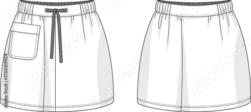 Women’s casual skirt flat sketch with drawstring waistband and side patch pocket, fashion apparel technical template, clothing vector illustration
