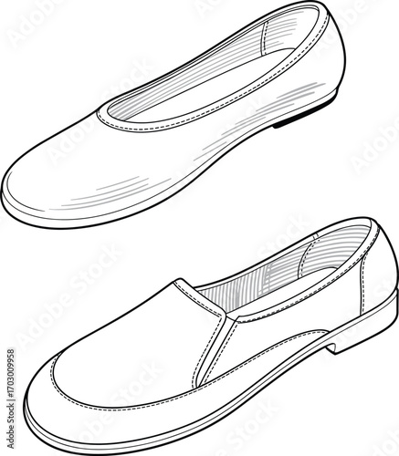 Fashion illustration of women’s slip-on flats and casual shoes, vector footwear design, isolated sketch drawing, stylish comfortable shoe concept