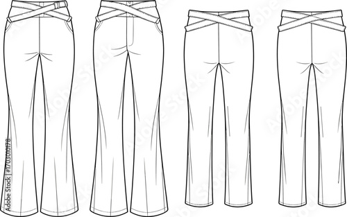 Women’s crossover waistband flare pants fashion flat sketch, technical drawing template vector illustration for apparel design, trendy trousers clothing design