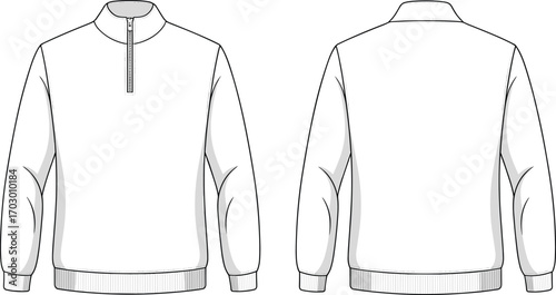 Half zip pullover sweatshirt flat sketch, unisex fashion template, casual sportswear apparel design, vector clothing illustration, technical drawing garment mockup