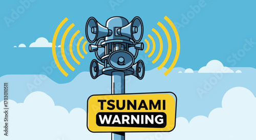 A grey multiloudspeaker siren pole emits yellow sound waves under a blue sky with clouds displaying a TSUNAMI WARNING sign