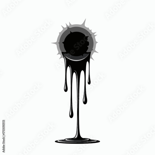 A jagged circular hole with dark viscous liquid dripping downwards pooling on a white surface