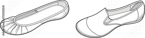 Fashion sketch of ballet flats and slip-on shoes, casual footwear illustration, stylish women’s shoes design, isolated vector graphic.