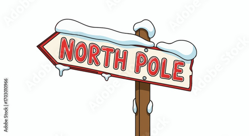 A snowcovered sign pointing left reads NORTH POLE in red letters attached to a brown wooden post