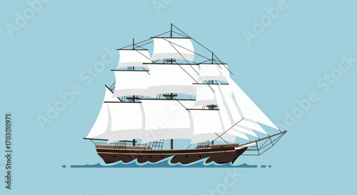 A stylized illustration of a large brown multimasted sailing ship with white sails on a light blue ocean