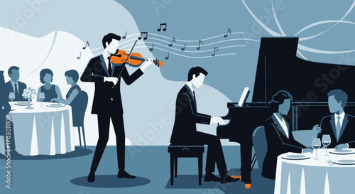 A violinist and pianist perform live music in a restaurant with formally dressed diners seated at whiteclothed tables