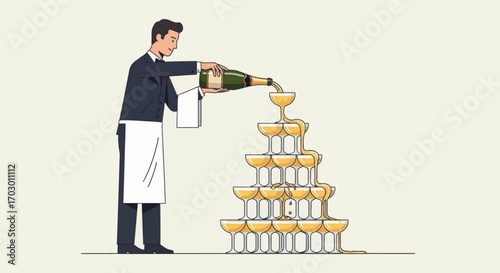 A waiter in a suit and apron pours champagne into a multitiered pyramid of coupe glasses with liquid overflowing