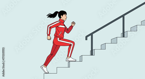 A young woman in a red tracksuit runs up a flight of stairs with a handrail against a light blue background