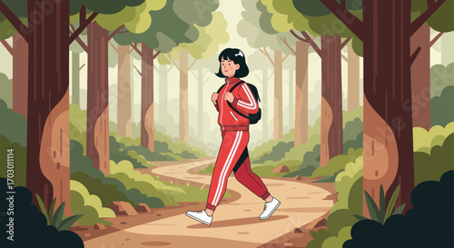A woman in a red tracksuit and backpack walks on a winding path through a sundappled forest