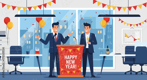 An office New Year celebration featuring two men one speaking at a decorated podium surrounded by confetti and balloons