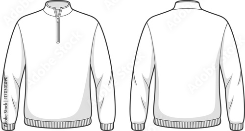 Half zip sweatshirt flat sketch, unisex pullover fashion template, casual sportswear design, vector clothing illustration, technical drawing apparel mockup