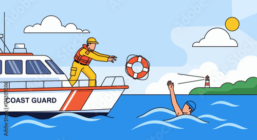 Coast Guard crewman throws life preserver from boat to a swimmer in the ocean under a sunny sky