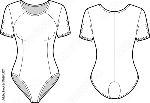 Women’s short sleeve bodysuit fashion flat sketch, zigzag stitch detail, apparel vector template, stylish garment mockup, trendy outfit illustration, modern clothing