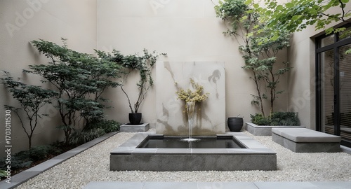 Modern minimalist courtyard garden with water feature and plants