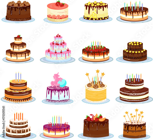 Collection of Colorful Birthday and Celebration Cakes – Variety of Decorated Sweet Desserts
