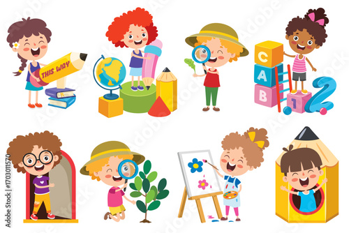 Happy Kids Learning and Playing – Education and Creativity Concept Illustration
