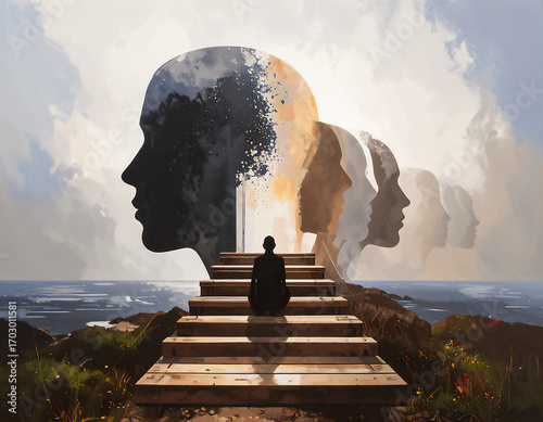 複数の自分がピクセル単位で同時に存在し、次第に一つに収束せずに乱れる。分裂した意識、哲学的な影との対話、自己の多重構造