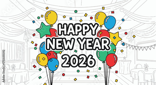 Colorful Happy New Year 2026 text with balloons stars and confetti in an uncolored party venue