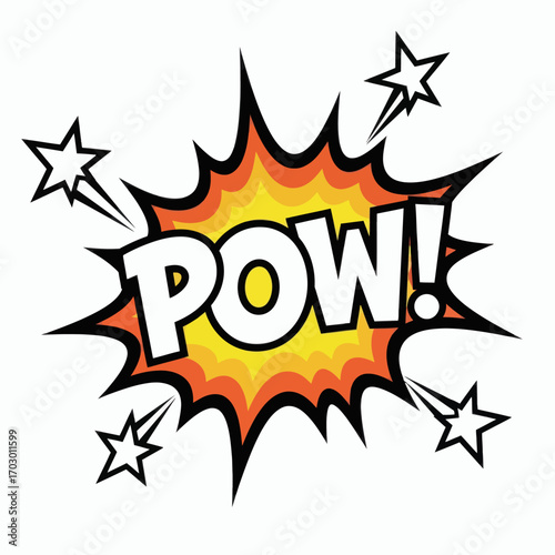 Comic book style POW speech bubble yellow and orange black outline white letters surrounded by four stars