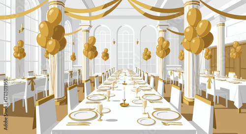 Elegant hall set for a formal event with long tables white chairs golden balloons decorative ribbons and columns