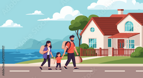 Family of three with backpacks and bags walking on a road by a house water and mountains