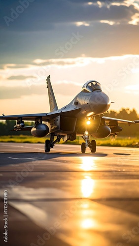 Fighter jet sunset taxiing airfield