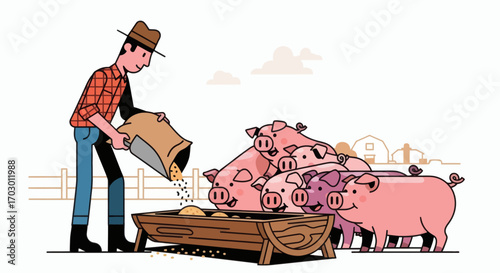 Farmer in hat and plaid shirt feeding a group of happy pink pigs from a sack into a wooden trough on a farm