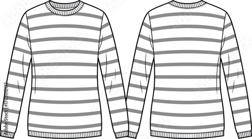 Long sleeve striped sweater, crew neck pullover, gray fashion knitwear, unisex casual clothing, winter apparel, ribbed cuffs hem neckline, garment illustration
