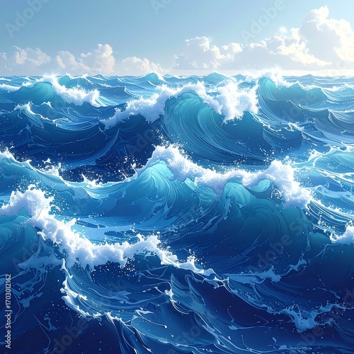 Wide ocean waves under a light sky