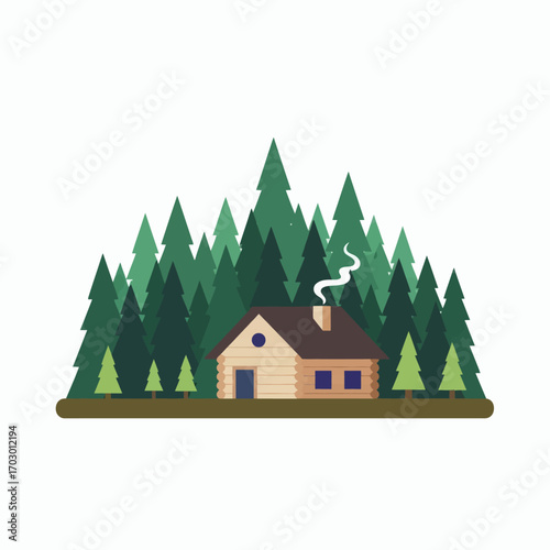Flat illustration of a log cabin with a smoking chimney nestled among numerous green pine trees on a white background