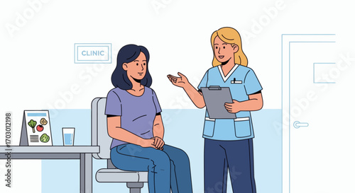 Female patient consults with a nurse in a clinic room with a healthy food brochure and water on a table