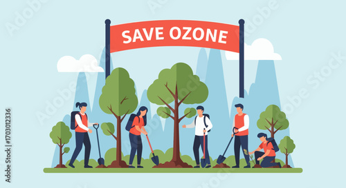 Group of people planting trees under a SAVE OZONE banner with mountains and clouds in the background