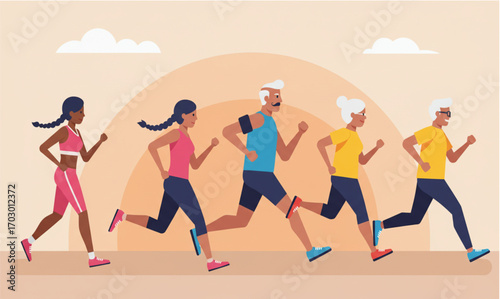 A diverse group of men and women of various ages are actively jogging outdoors under a clear sky, promoting health and wellness.