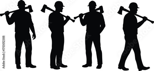 Silhouette of four lumberjack workers wearing helmets and boots, holding axes on shoulders, standing and walking forestry logging vector illustration