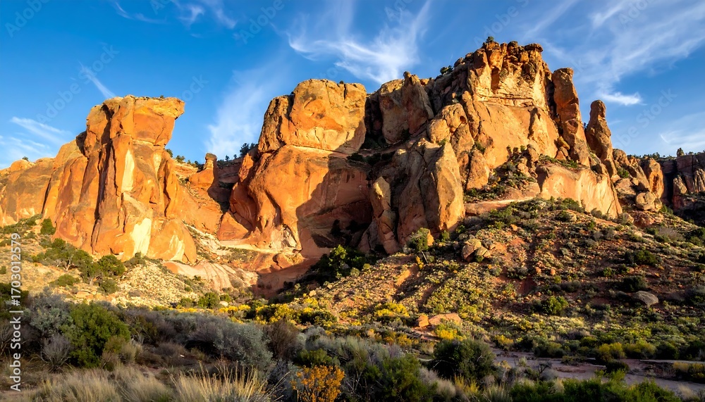 Fototapeta premium Colorful sandstone peaks under a golden sky
