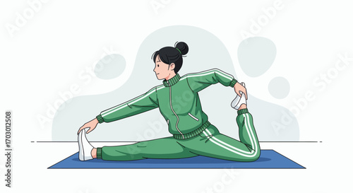 Illustrated person in green tracksuit stretching on a blue mat holding one foot with a light background