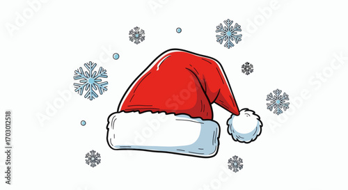 Illustrated red Santa hat with white brim and pompom surrounded by various blue and grey snowflakes and dots