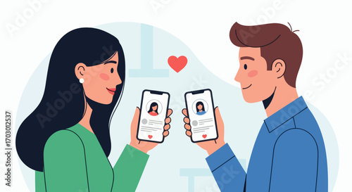 Illustration of a man and woman holding smartphones with dating app profiles a red heart floating between them