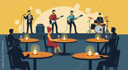 Illustration of a band performing on stage in a candlelit club with patrons seated at tables